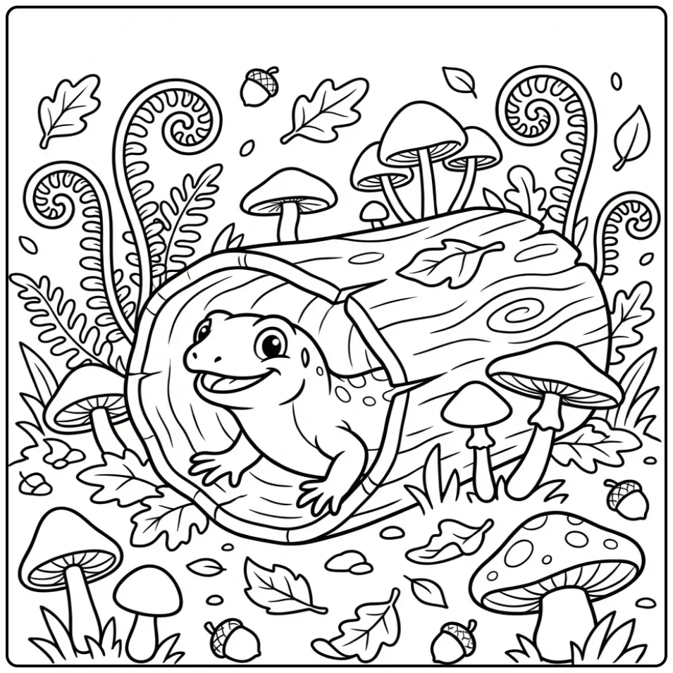 Een schattige kleurplaat hagedis in een holle boomstam.