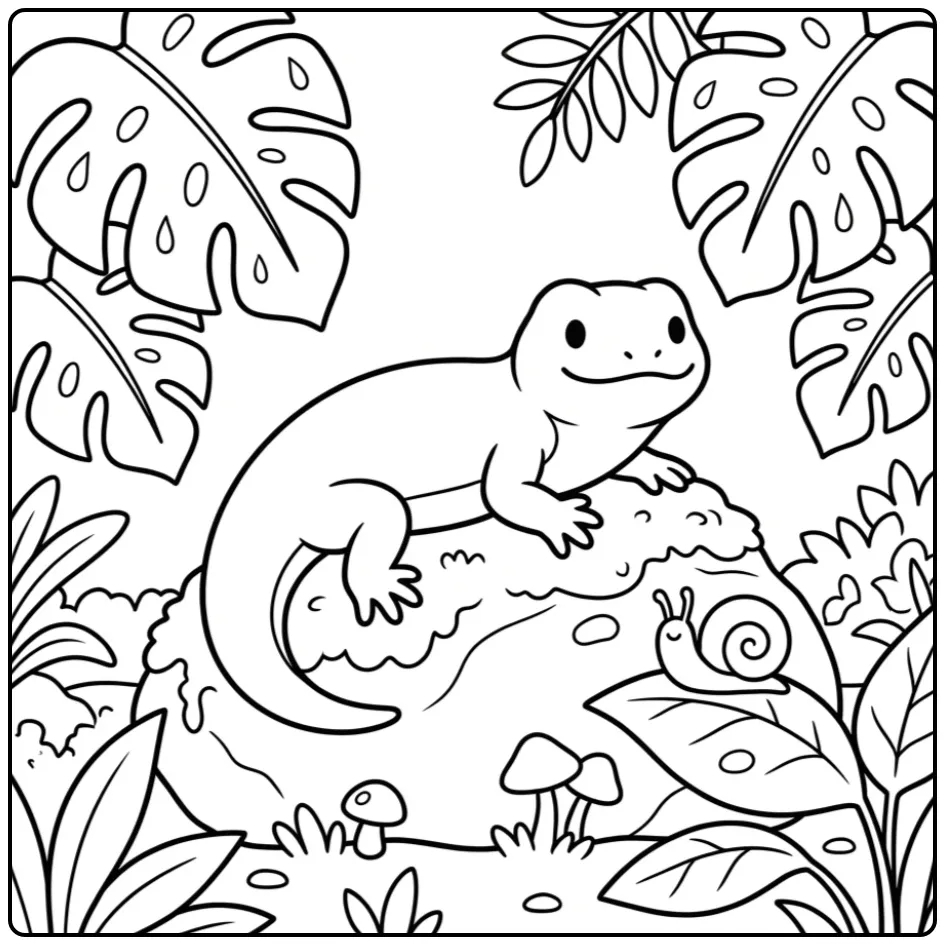 Schattige kleurplaat hagedis rustend bij monstera planten.