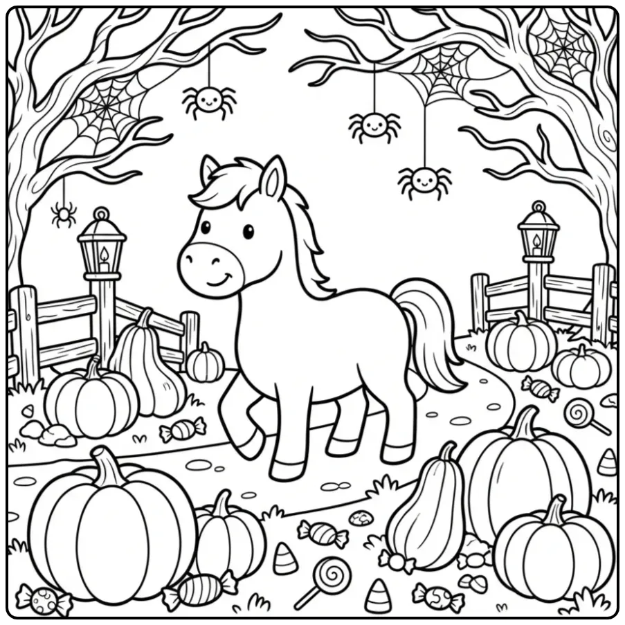 Leuke kleurplaat halloween paard lopend tussen pompoenen.