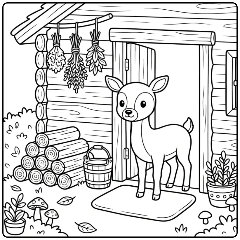 Schattige kleurplaat hert staand bij een houten blokhutdeur.