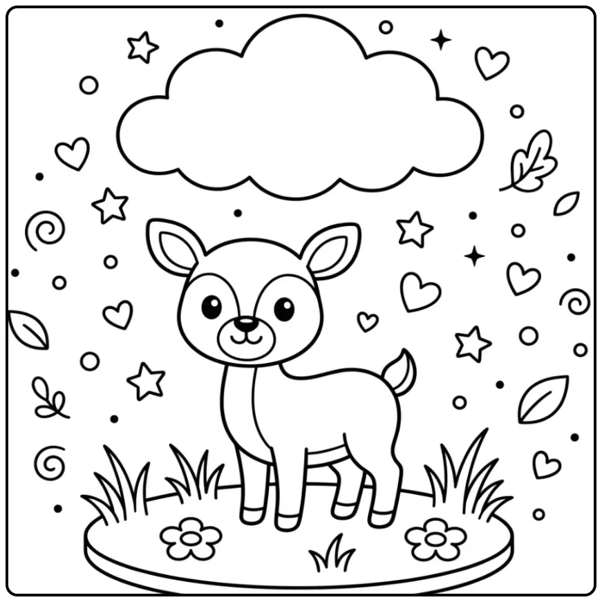 Schattige kleurplaat hert makkelijk met bloemen en een wolk.