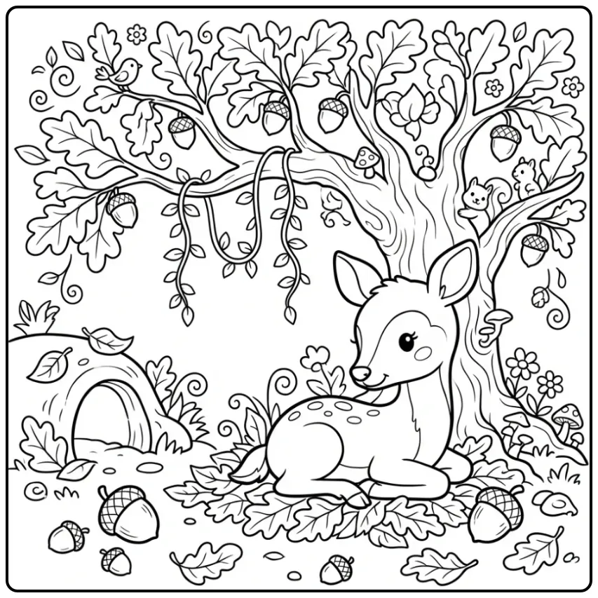 Een schattige kleurplaat hert rustend onder een eikenboom.