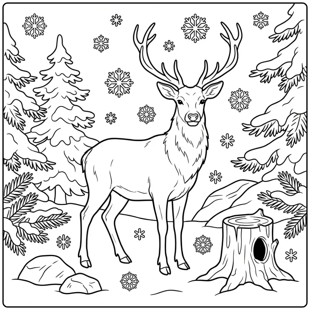 Een vrolijke kleurplaat hert in een winters bos met sneeuw.