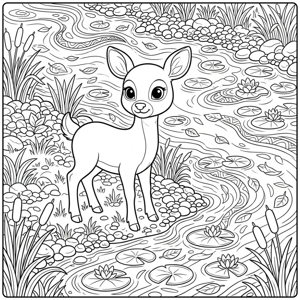 Gedetailleerde kleurplaat hert moeilijk bij een rivieroever.