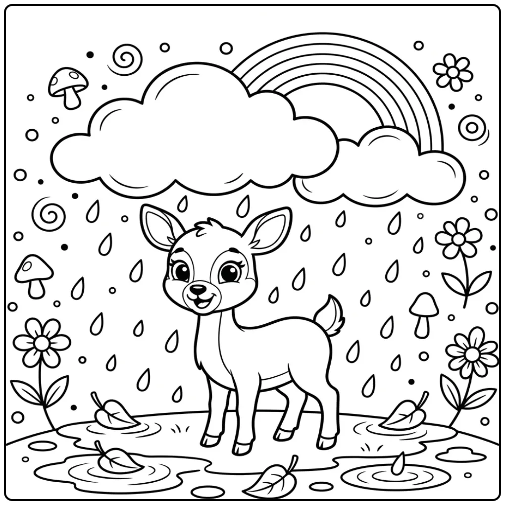 Schattige kleurplaat hert in de regen met paraplublaadjes.