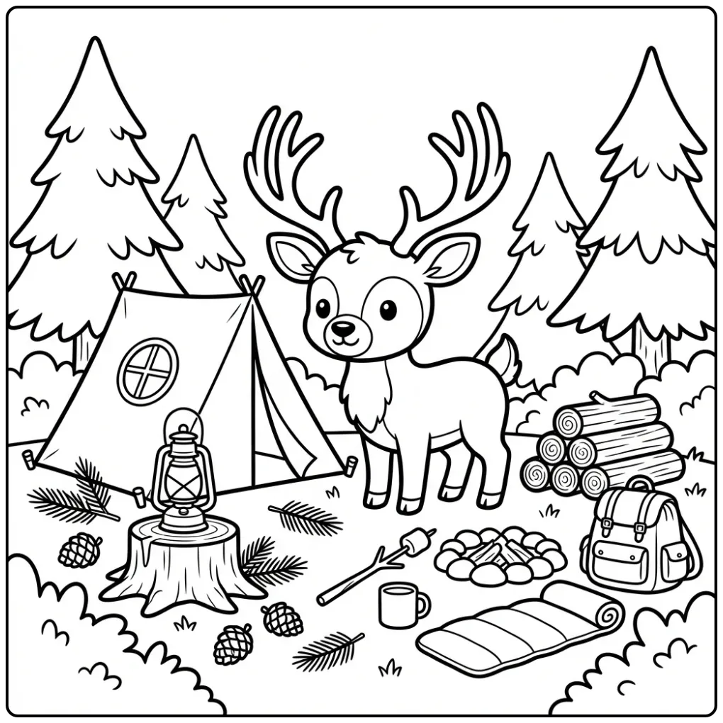 Schattige kleurplaat hert bij een kampeerplek met tent.