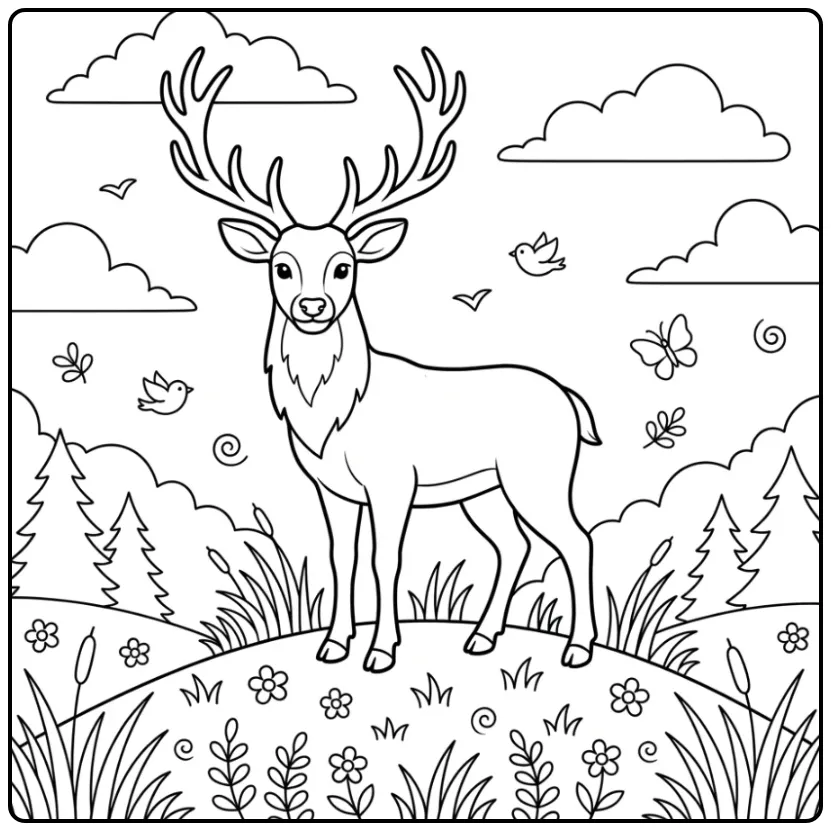 Schattige kleurplaat hert met een trotse bok op een heuvel.