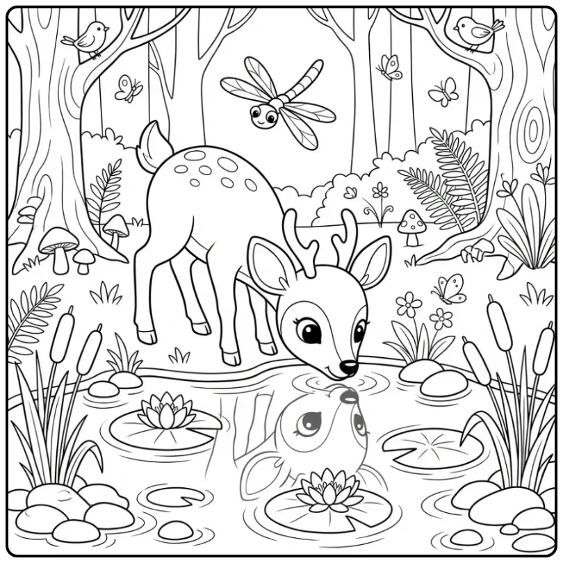 Schattige kleurplaat hertje drinkt bij vijver met libel.