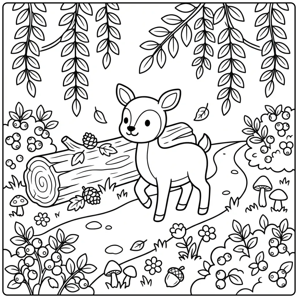 Een schattige kleurplaat hertje op een kronkelend bospad.