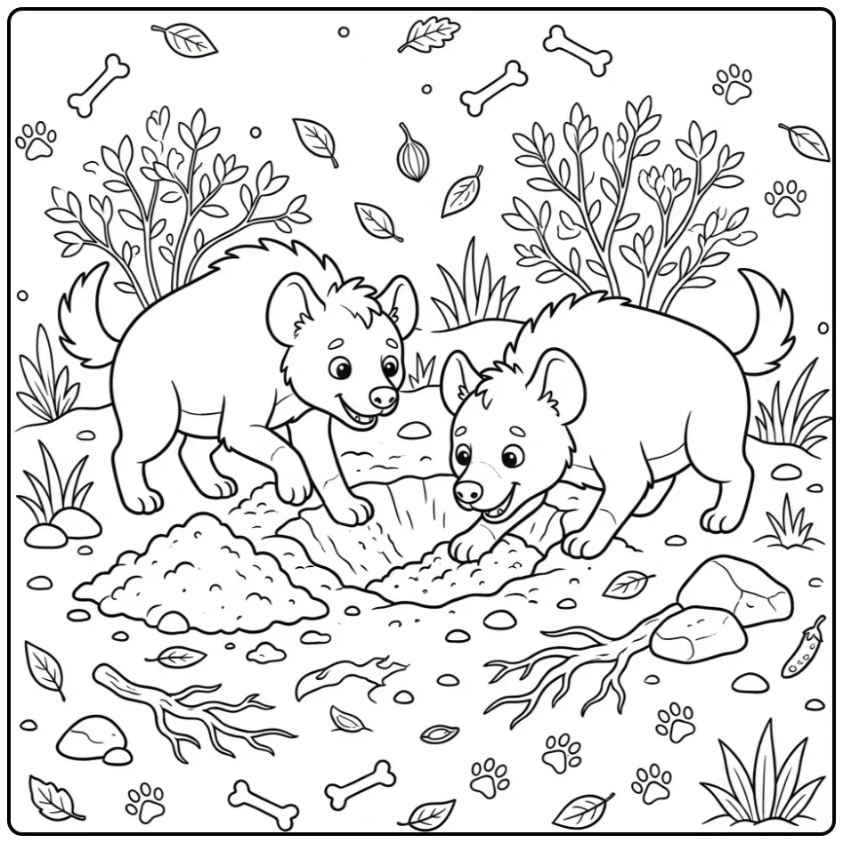 Leuke kleurplaat hyena met twee gravende dieren.