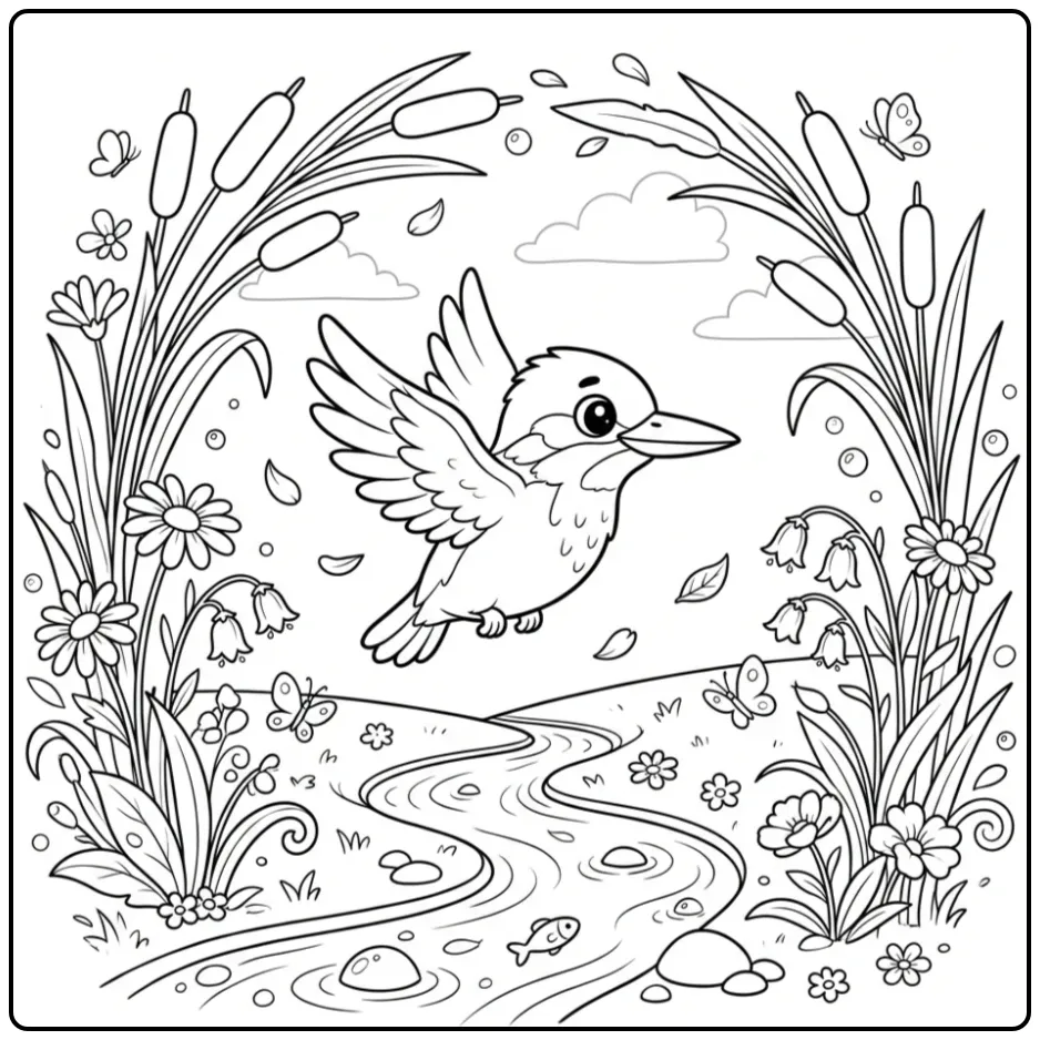 Kleurplaat ijsvogel vliegend tussen bloemen en riet.