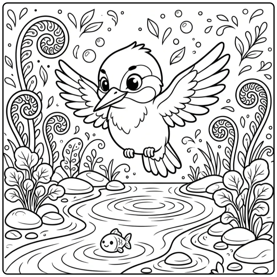 Schattige kleurplaat ijsvogel zwevend boven het water.