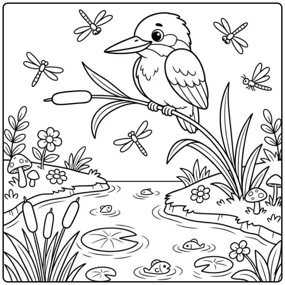 Schattige kleurplaat ijsvogel op een rietstengel bij de rivier.