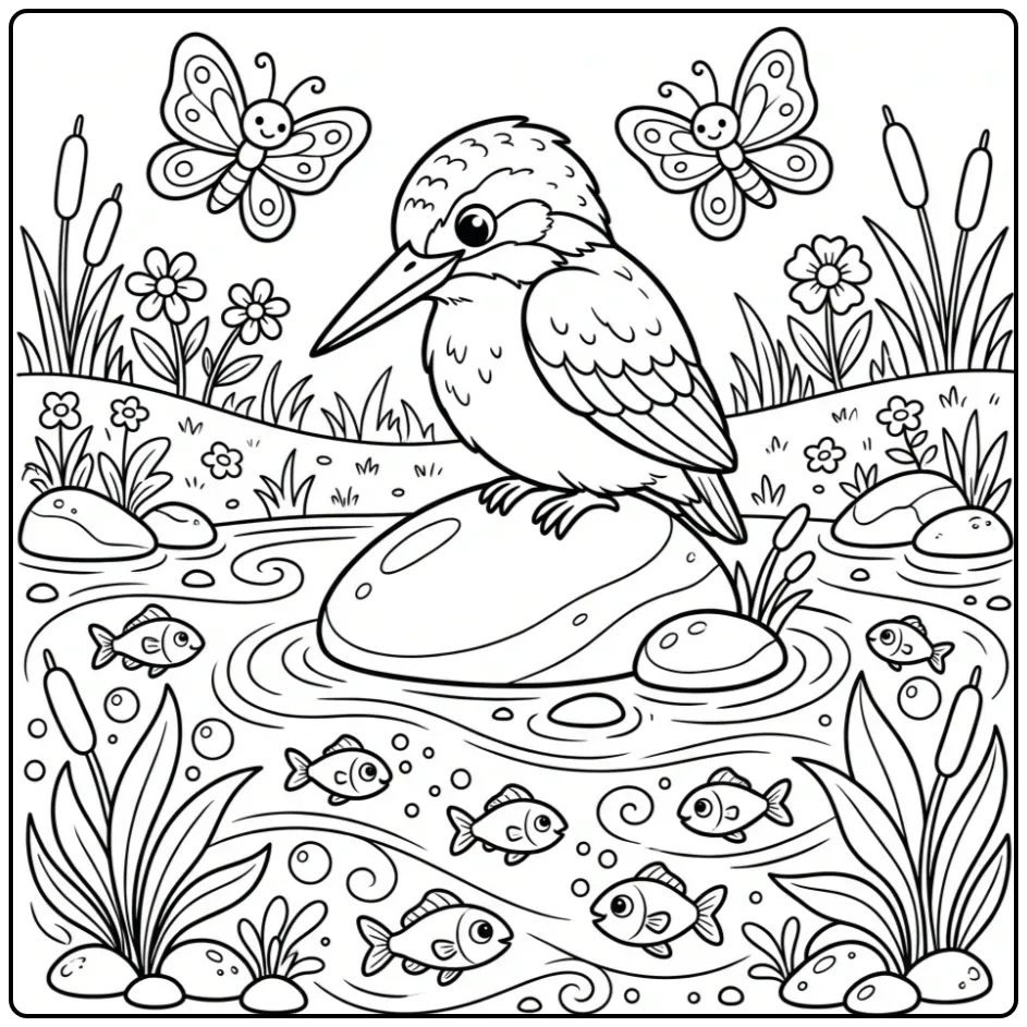 Schattige kleurplaat ijsvogel kijkt naar vissen in de rivier.