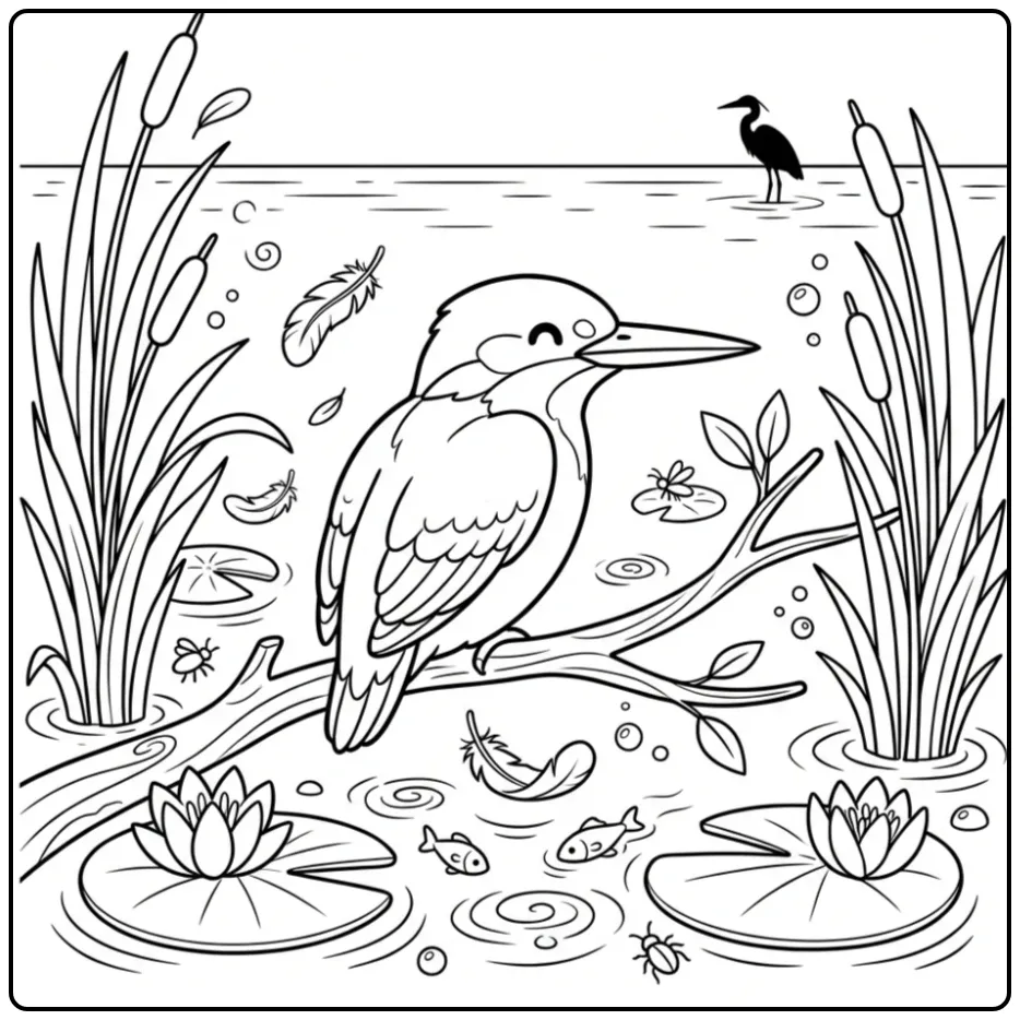 Leuke kleurplaat ijsvogel op een tak met riet en water.