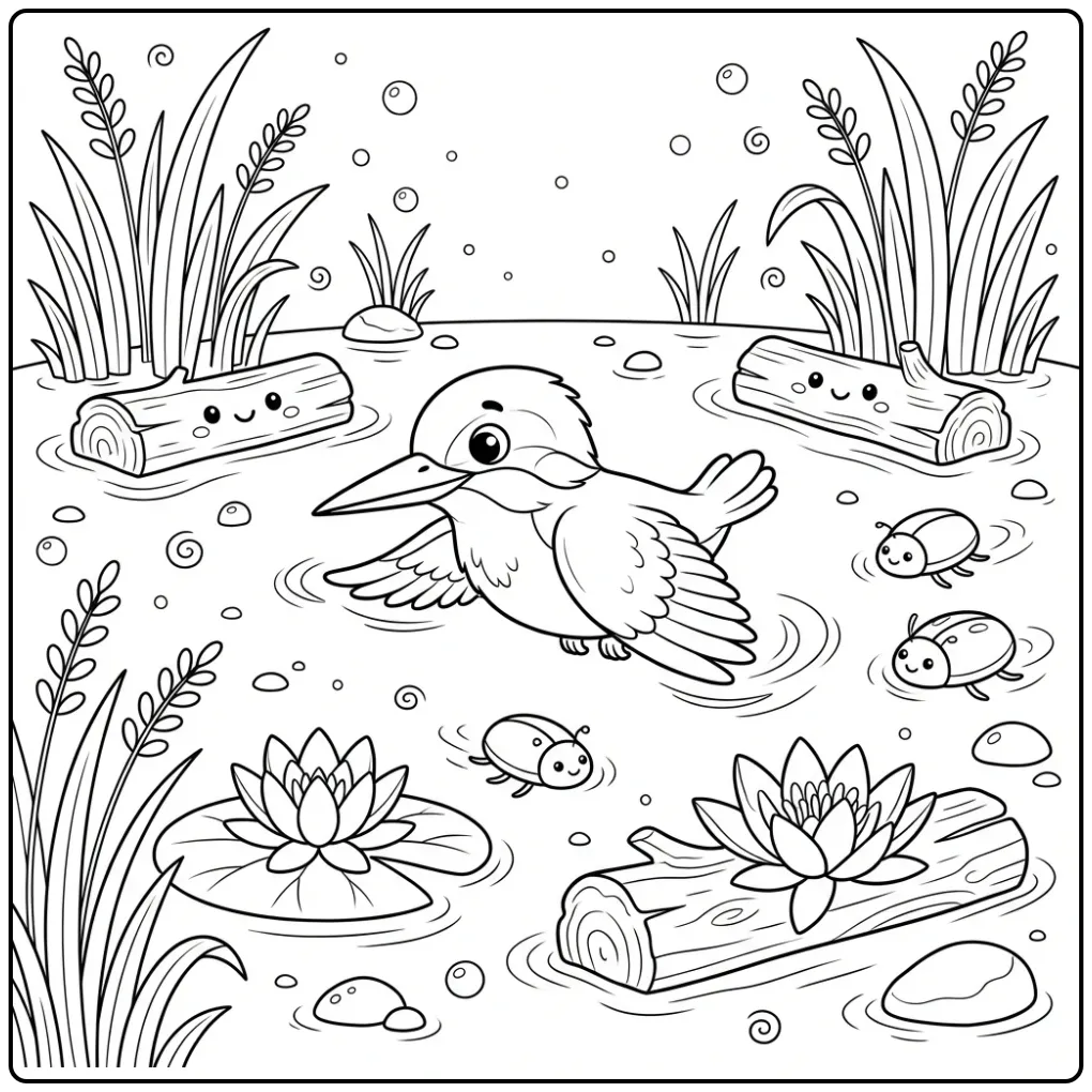 Schattige kleurplaat ijsvogel vliegend over een vijver.