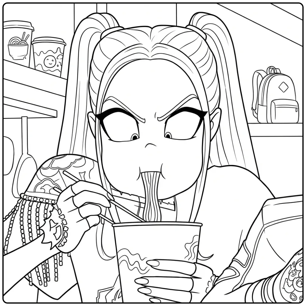 kleurplaat kpop demon hunters mira: Mira slurpt noedels.