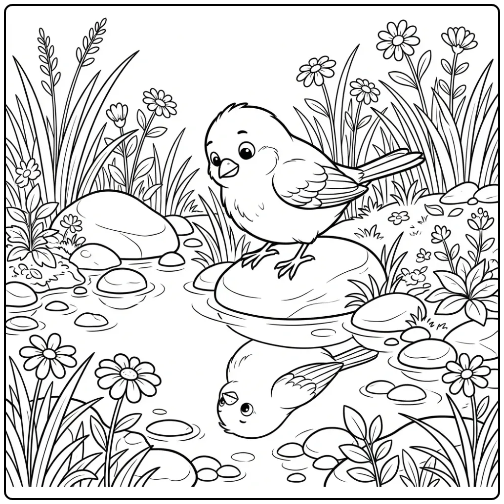 Een schattige kleurplaat kanarie bij een rustig bosbeekje.