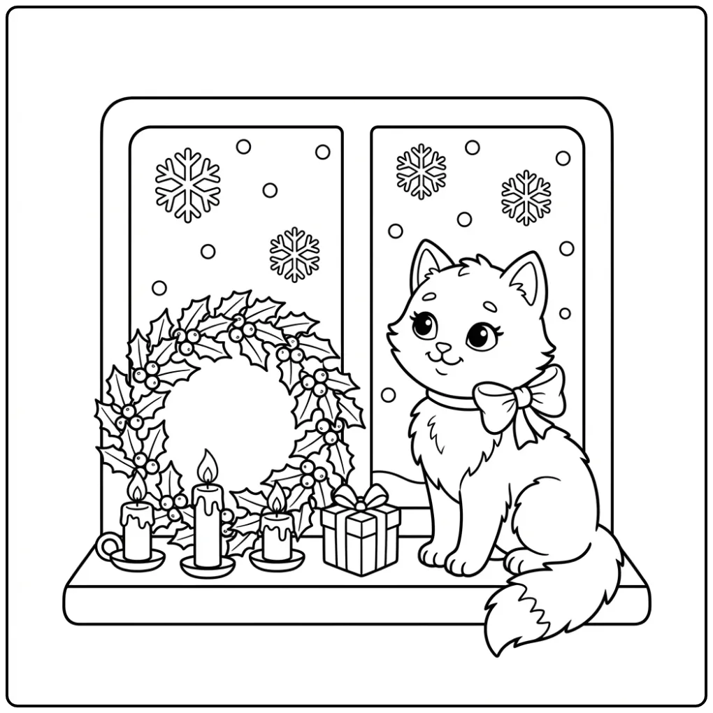 Kleurplaat kerst poes kijkt naar sneeuw op de vensterbank.