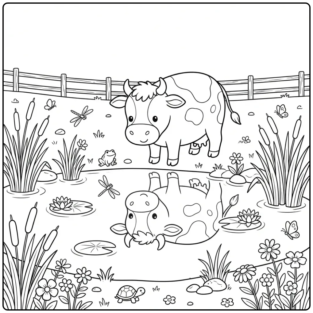Schattige kleurplaat koe bij een vijver met riet en lelies.