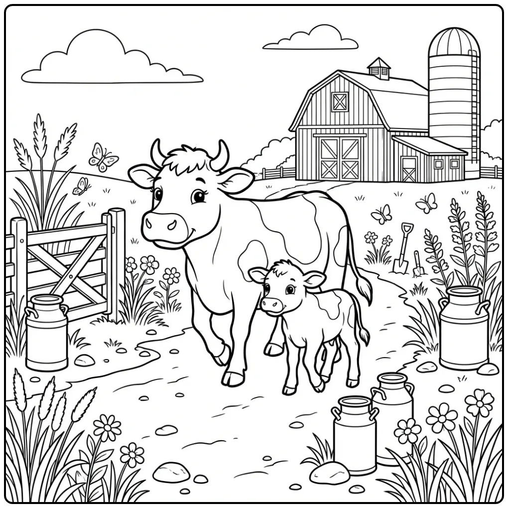 Leuke kleurplaat koe met kalfje wandelend op een boerenpad.