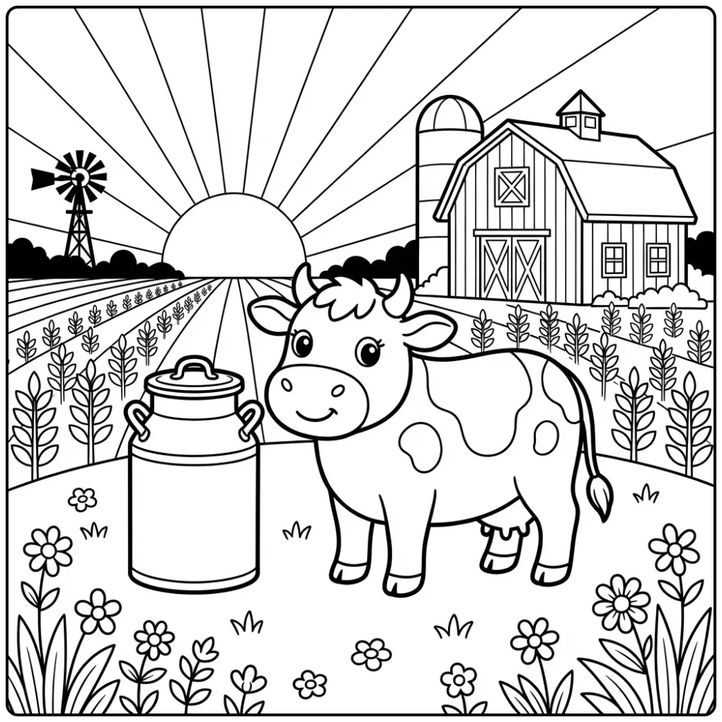 Schattige kleurplaat koe in weiland met bloemen en molen.