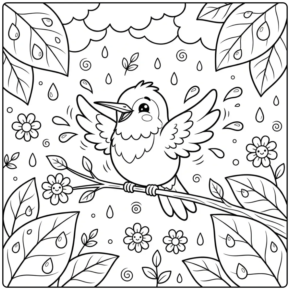 Schattige kleurplaat kolibrie op takje na een regenbui.