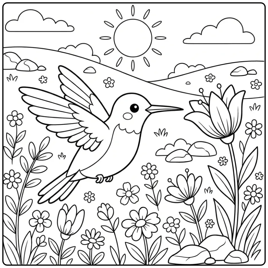 Schattige kleurplaat kolibrie vliegend over bergweide bloemen.