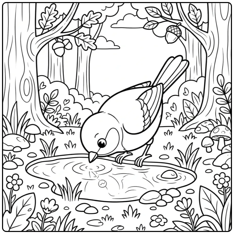 Een schattige kleurplaat koolmees drinkt water in het bos.