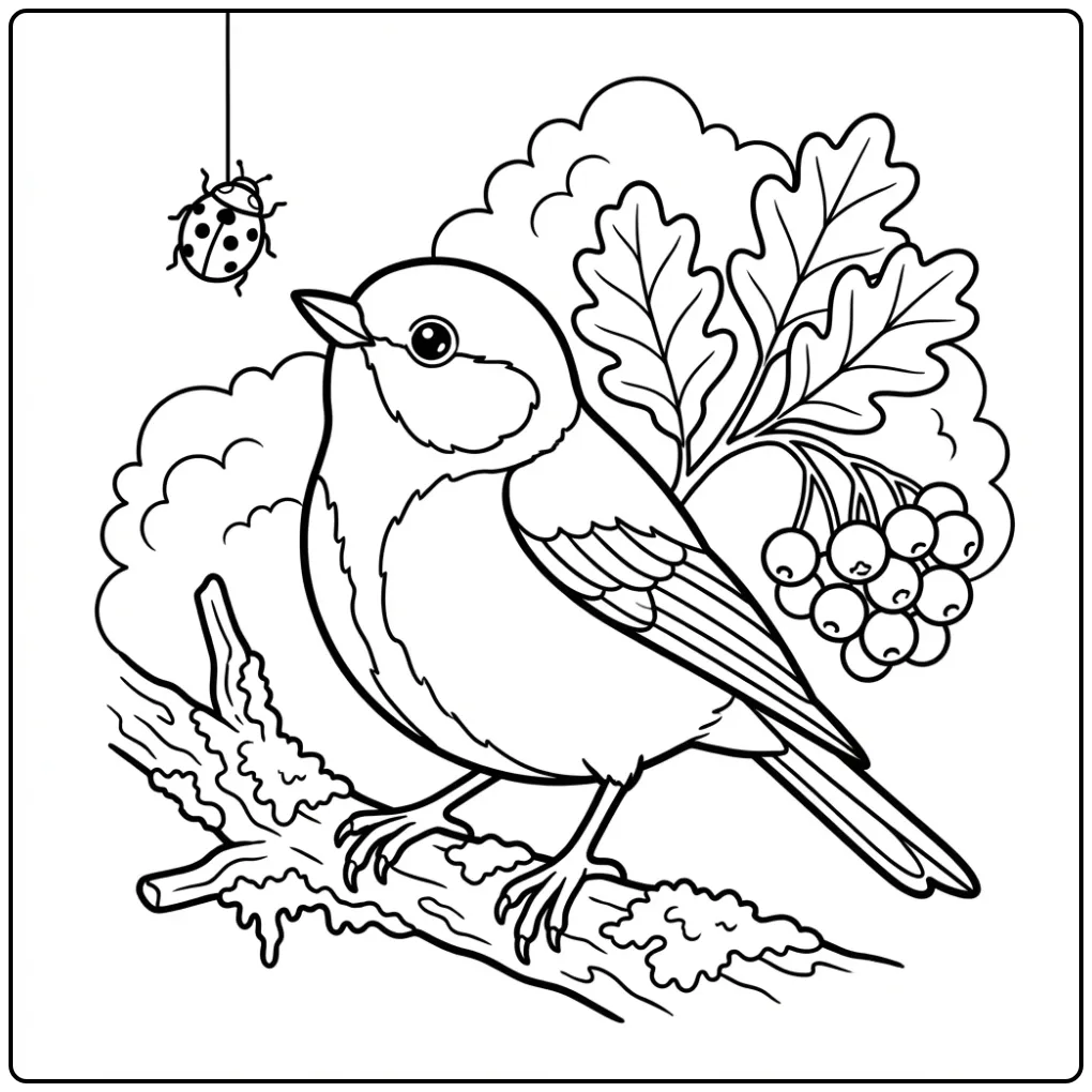 Leuke kleurplaat koolmees kijkend naar een lieveheersbeestje.