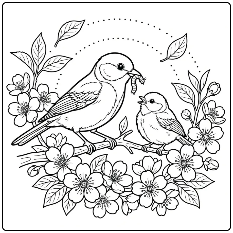 Mooie kleurplaat koolmees die jong voert op een lentetak.