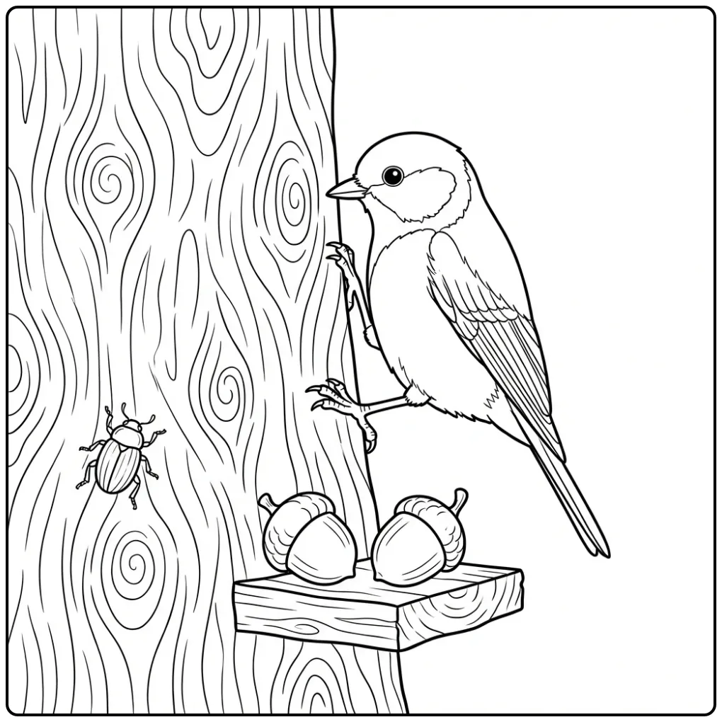 Leuke kleurplaat koolmees zoekt een kever op de boomschors