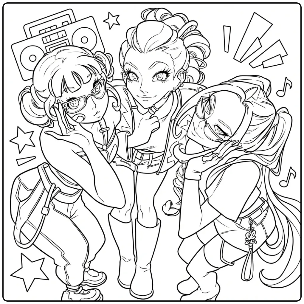 Kleurplaat kpop demon hunters: Drie meiden met boombox.