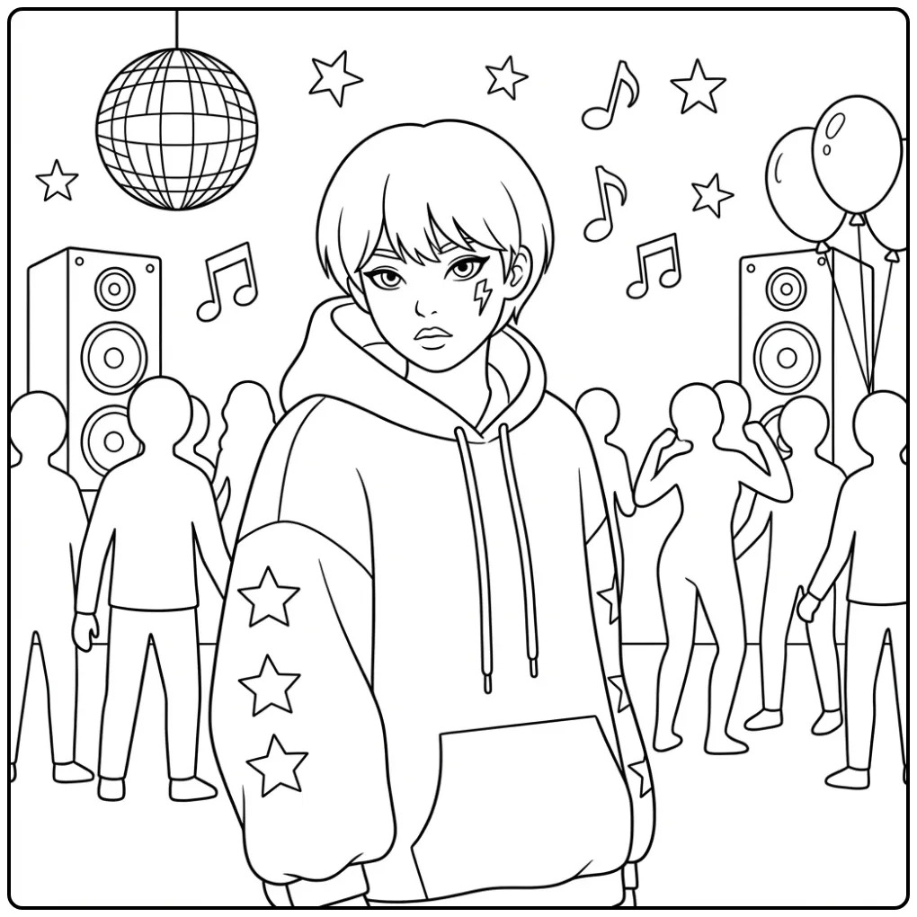 Kleurplaat kpop demon hunters baby saja op een feest met muziek en mensen.