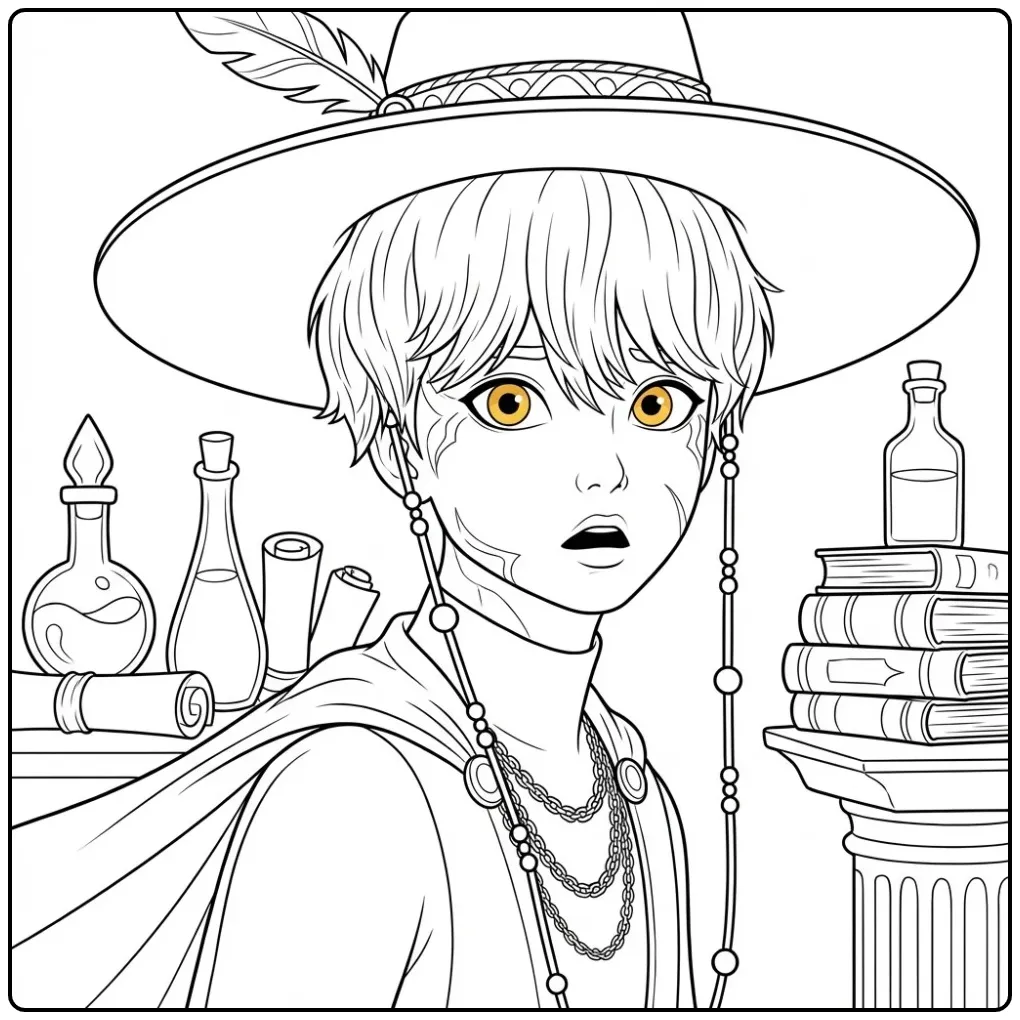 Kleurplaat kpop demon hunters baby saja in een tovenaarskamer.