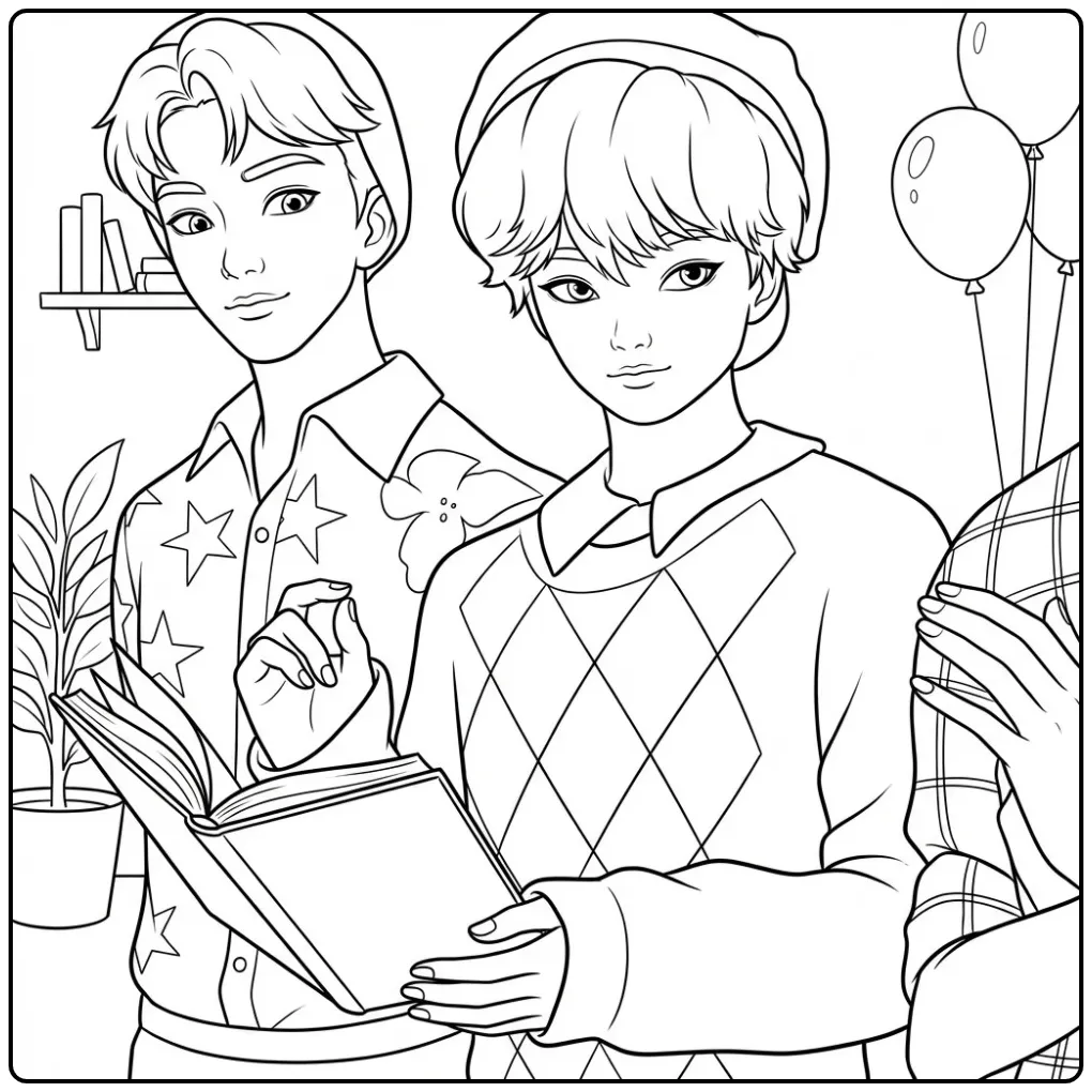 Twee K-pop idolen op een kleurplaat kpop demon hunters baby saja.