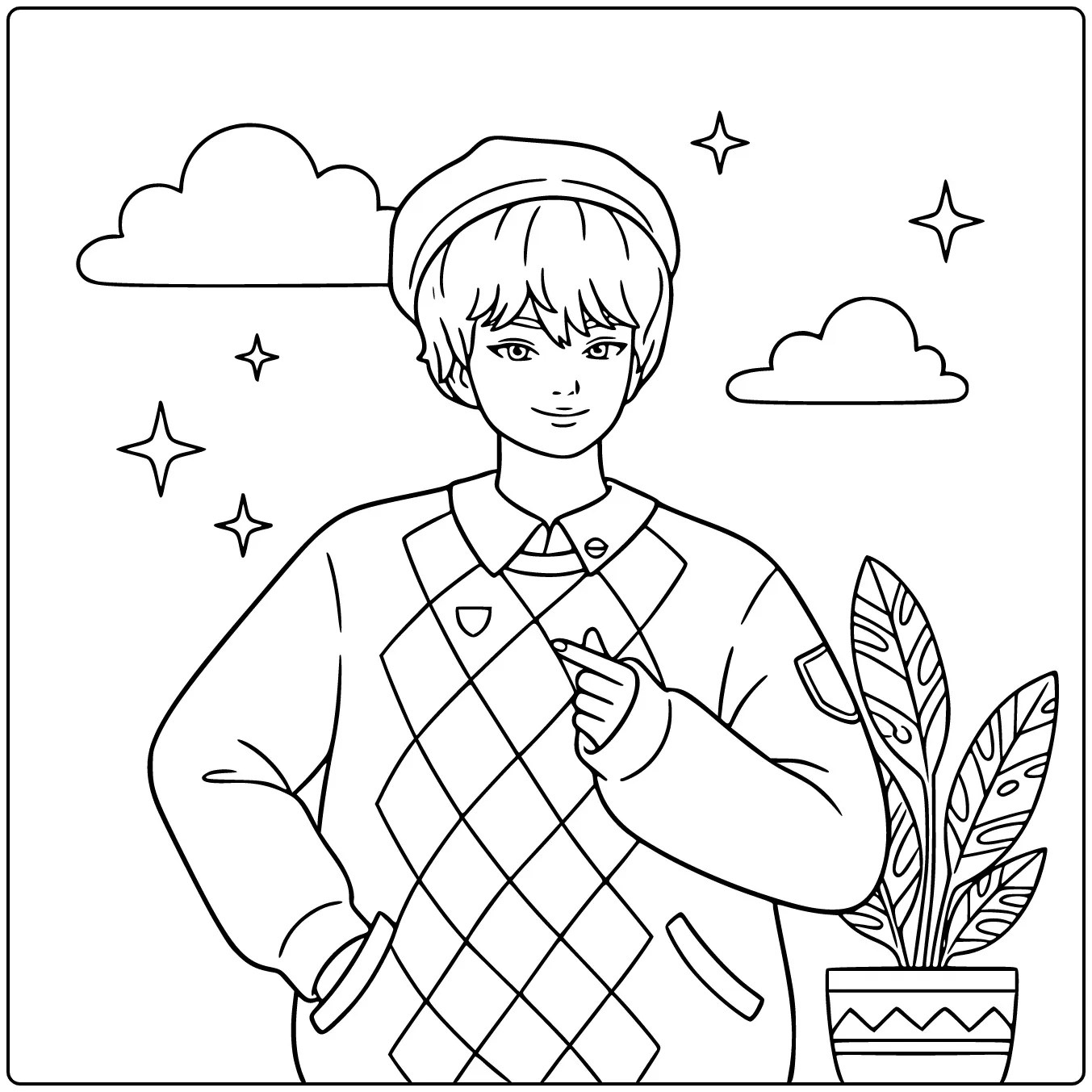 Kleurplaat kpop demon hunters baby saja jongen met baret.