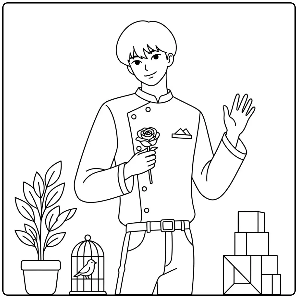 Kleurplaat kpop demon hunters baby saja: Jonge chef met roos.