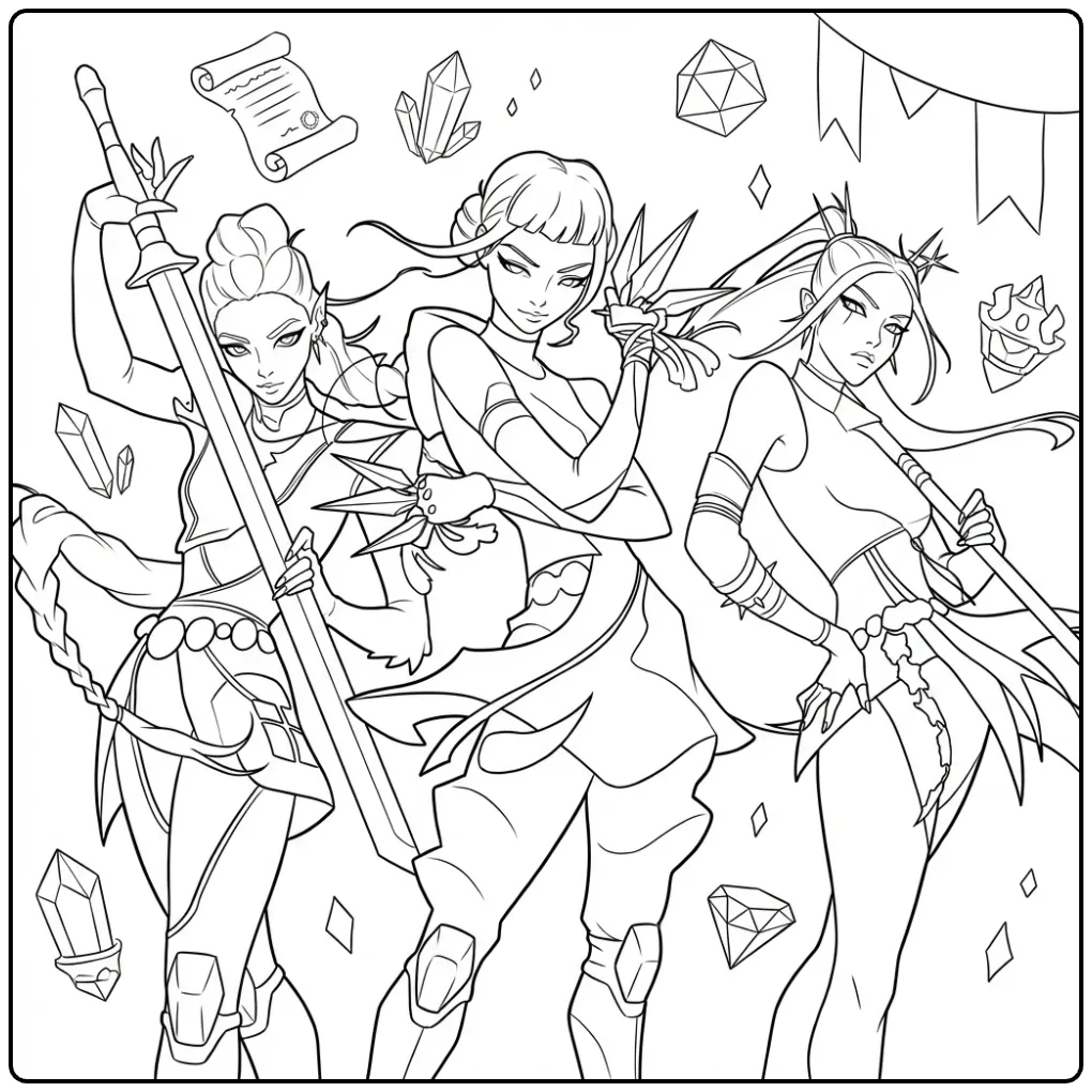 Drie vrouwelijke strijders als kleurplaat kpop demon hunters.