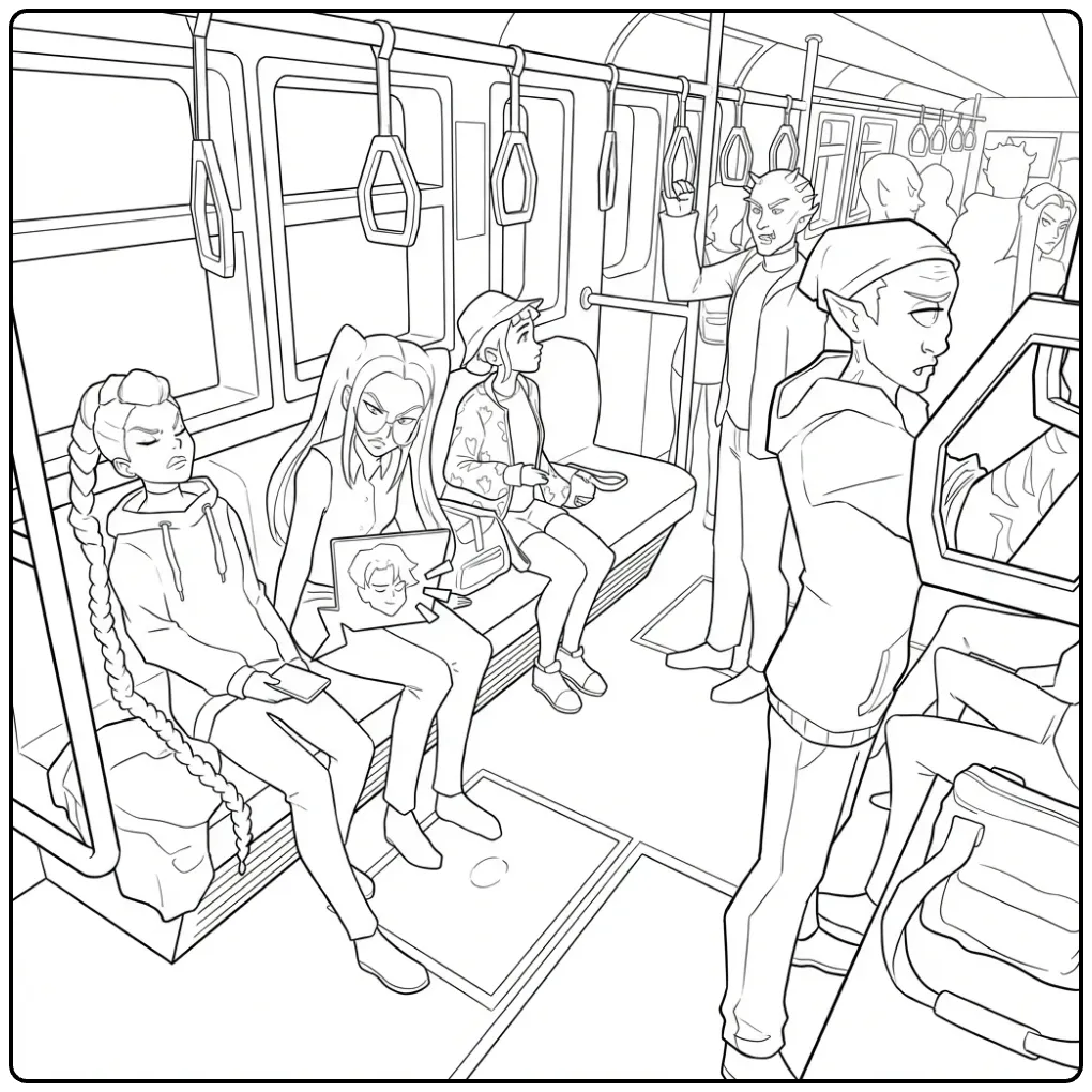 Een gedetailleerde kleurplaat kpop demon hunters in de metro.