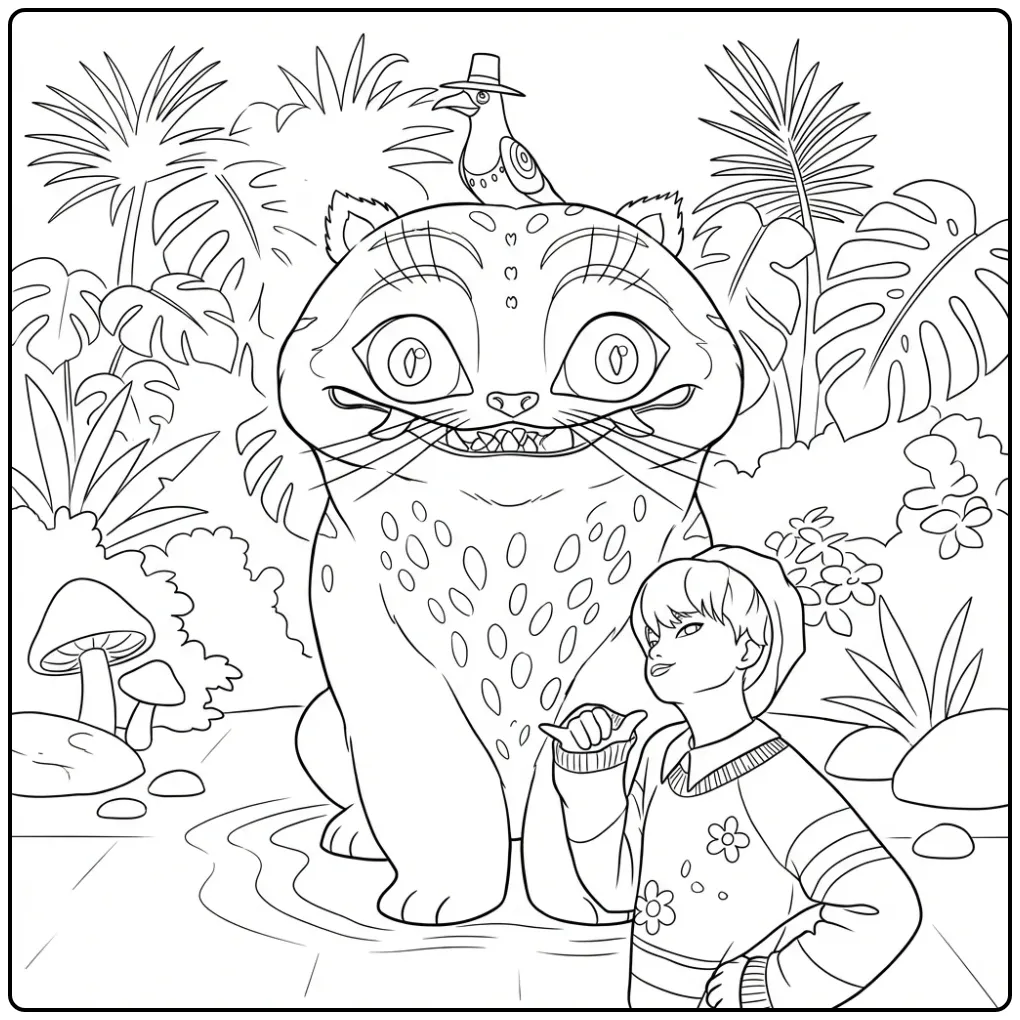 Kleurplaat kpop demon hunters derpy met jongen en grote kat.