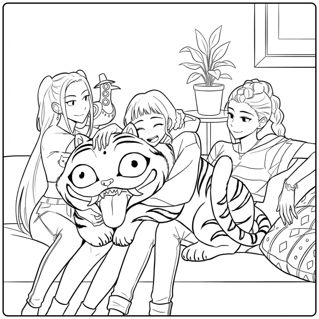 Kleurplaat kpop demon hunters derpy met drie meiden en tijger.