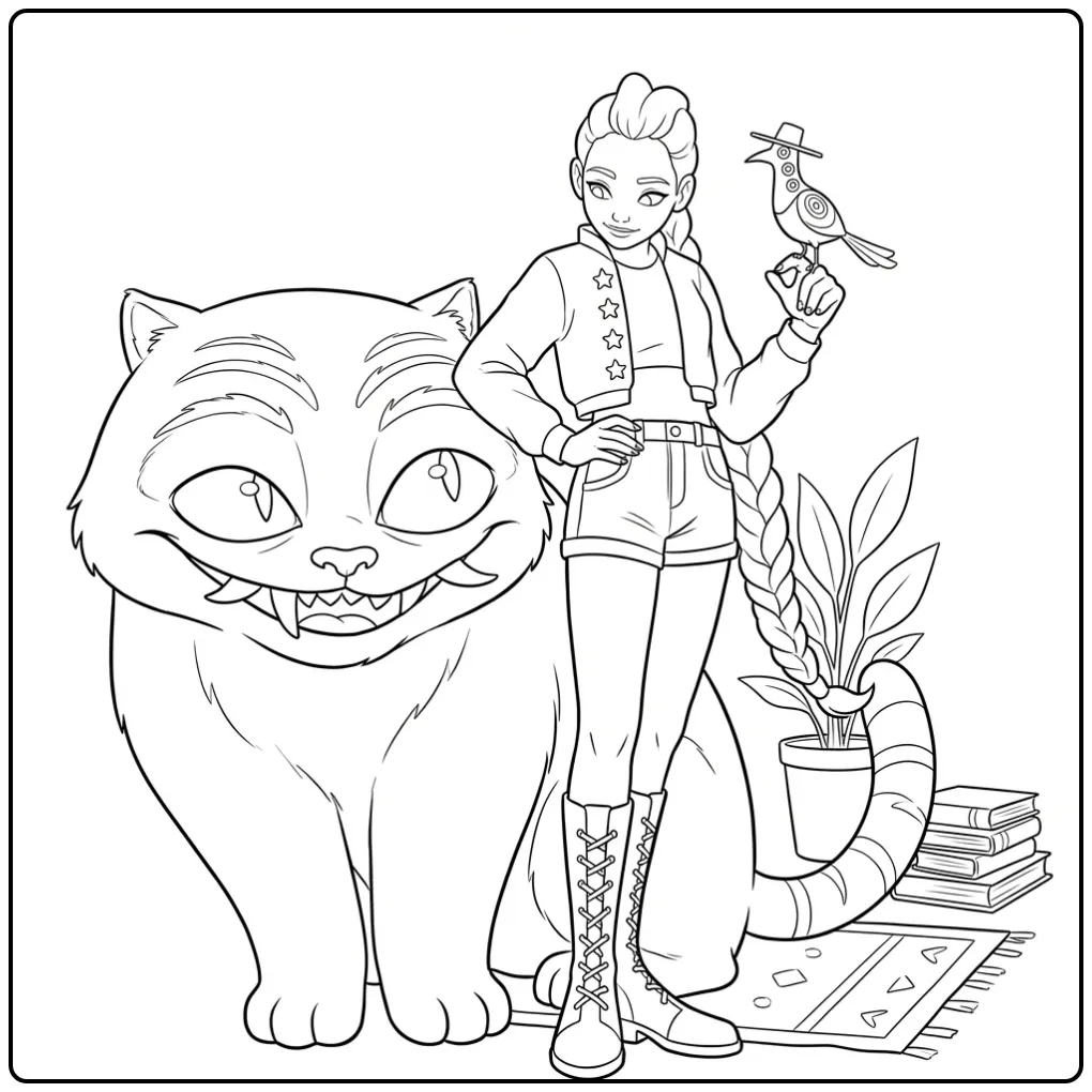 Een kleurplaat kpop demon hunters derpy met een meisje en kat.