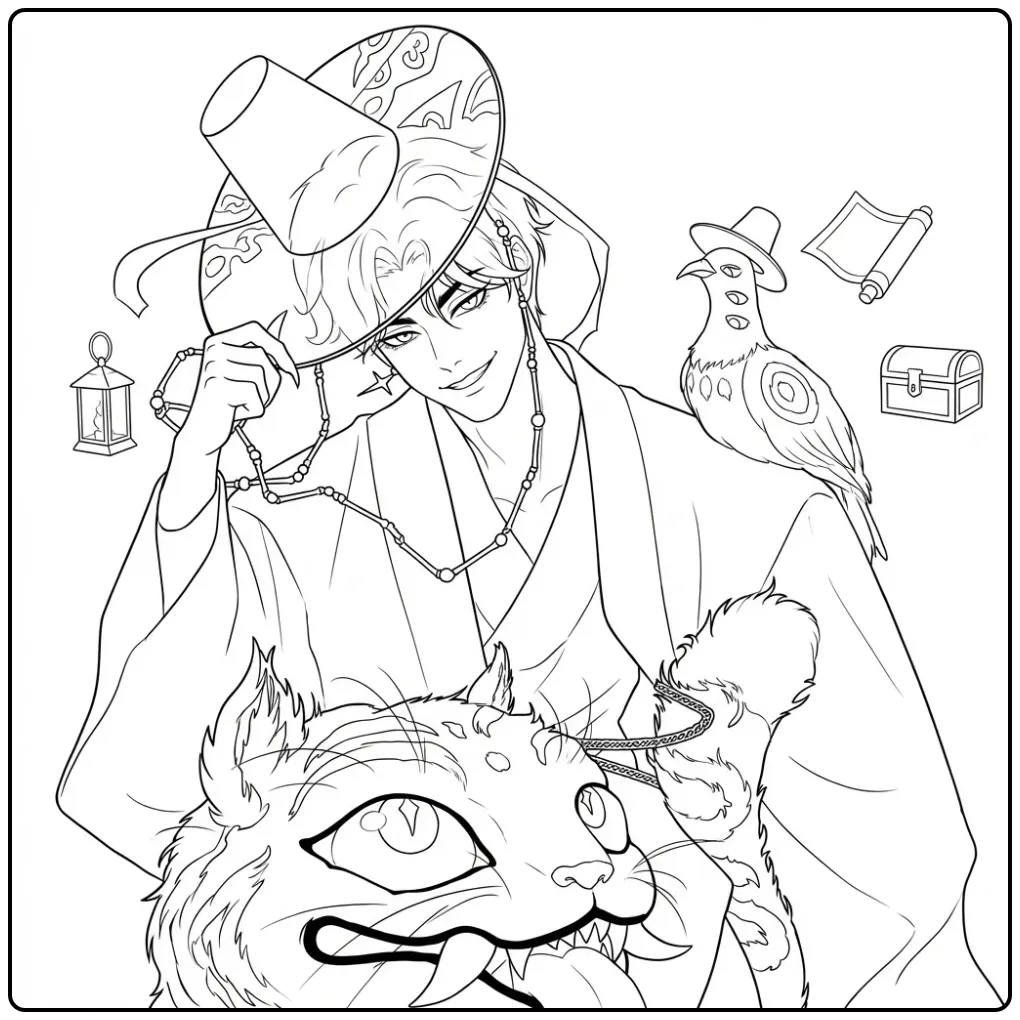 Kleurplaat kpop demon hunters derpy met man, tijger en vogel.