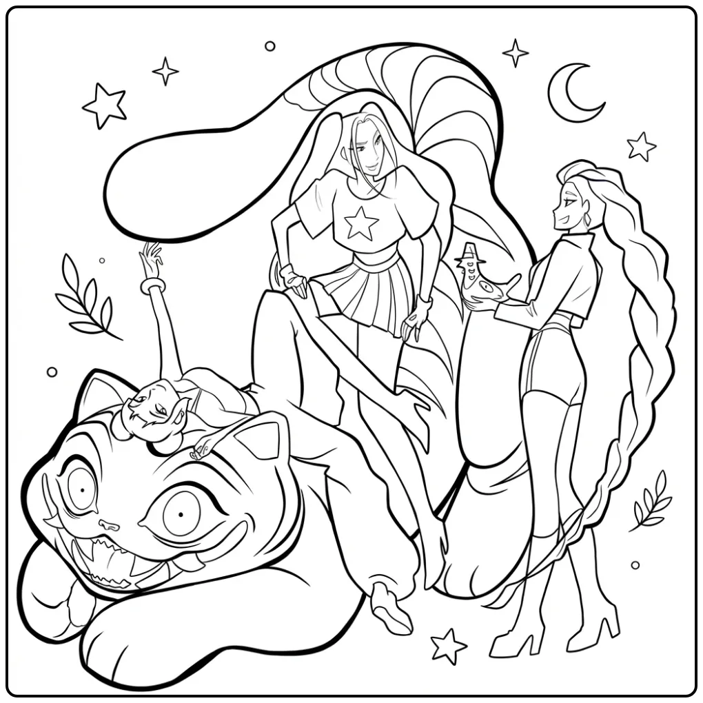 Kleurplaat kpop demon hunters derpy kat en meiden.