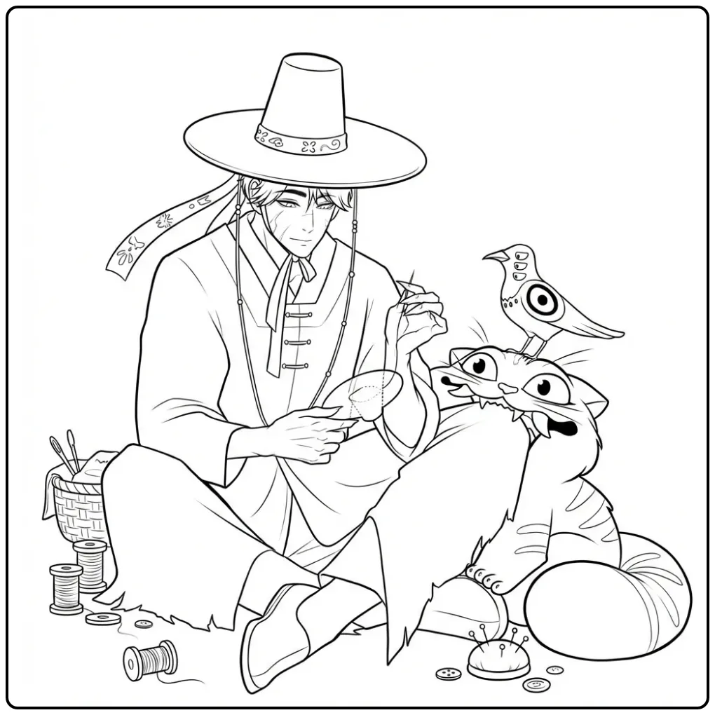 Kleurplaat kpop demon hunters derpy tijger en man naaien.