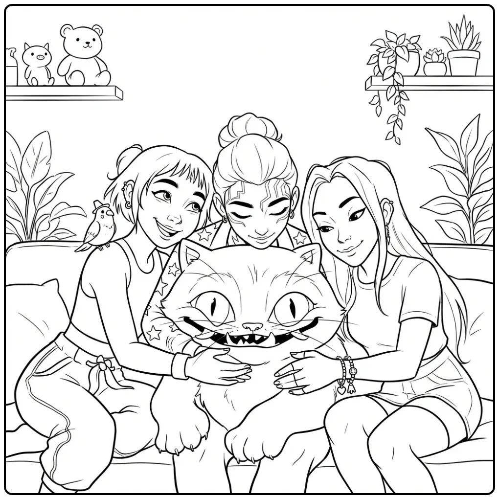 Een kleurplaat kpop demon hunters derpy met een grote kat.