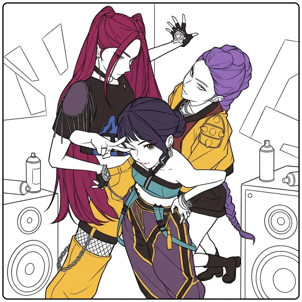 Kleurplaat kpop demon hunters met drie meisjes in stoere outfits.