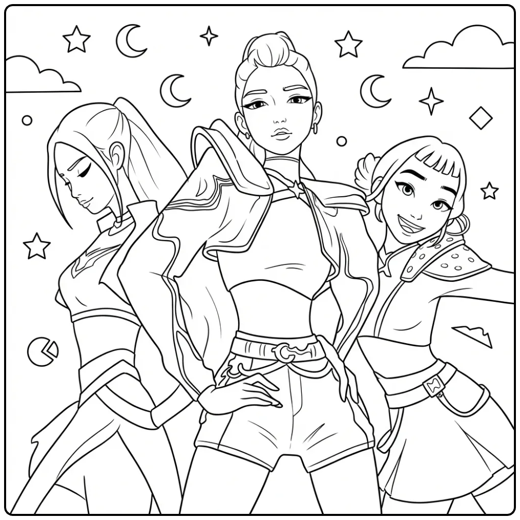 Kleurplaat kpop demon hunters met drie stoere meiden.