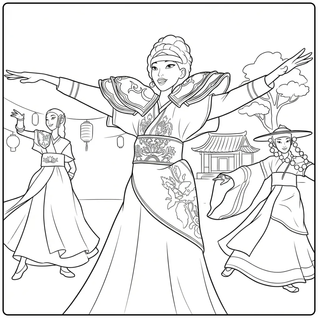 Kleurplaat kpop demon hunters met drie figuren in traditionele kleding.